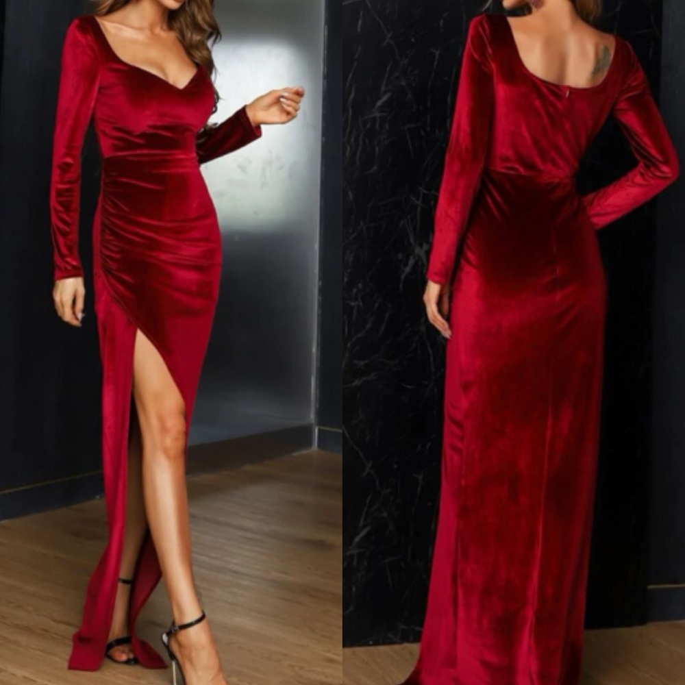 Elegant Velvet Wedding Dress in Deep Red Sexy Romantic Fall Date Night Seductive - Picture 4 of 5